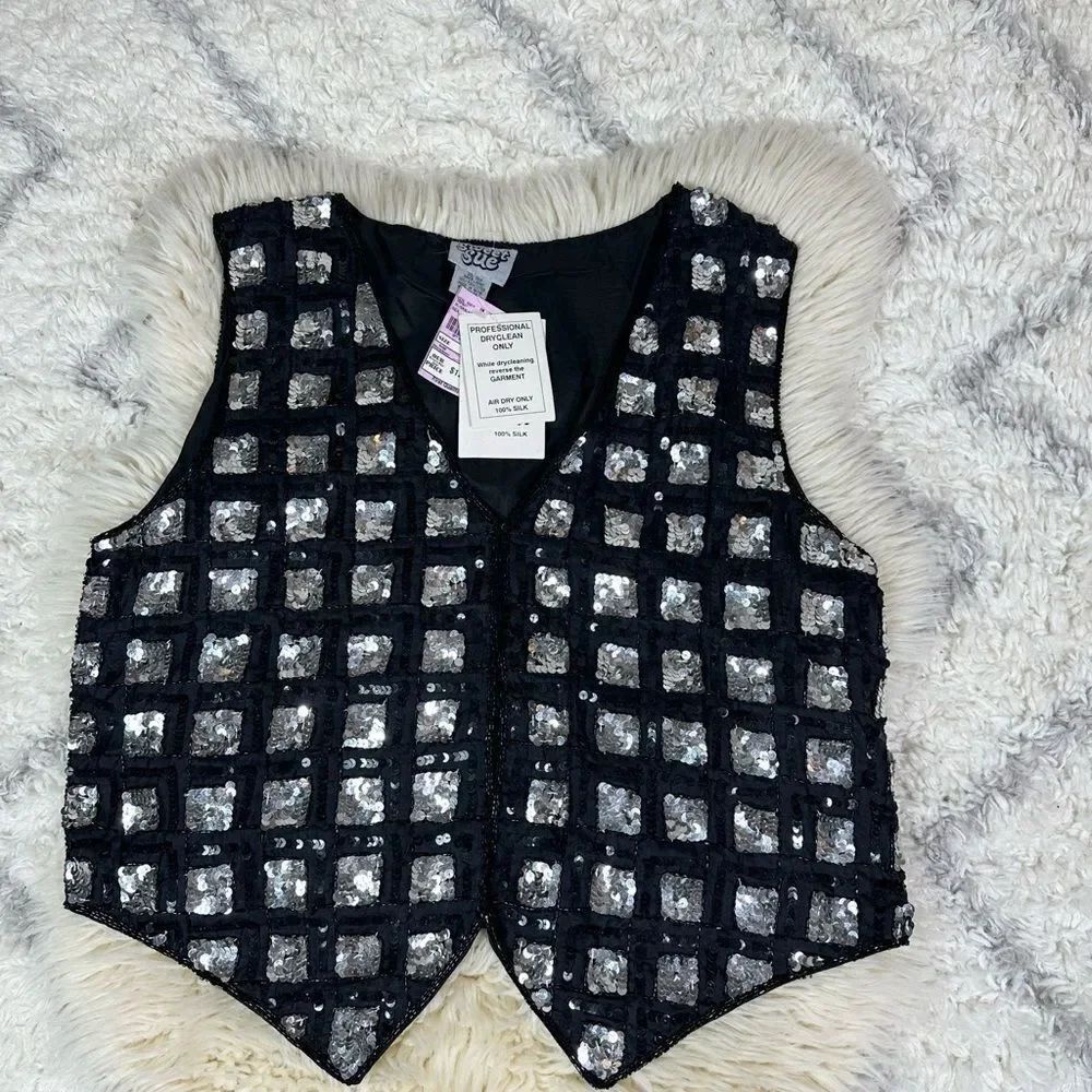 Sweet Sue vintage sequins Black Silk Vest
